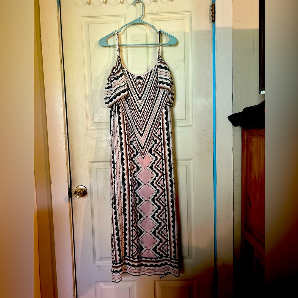 Nanette Lepor, 100% Silk, Pink, Teal and White Cold Shoulder Maxi Sundress